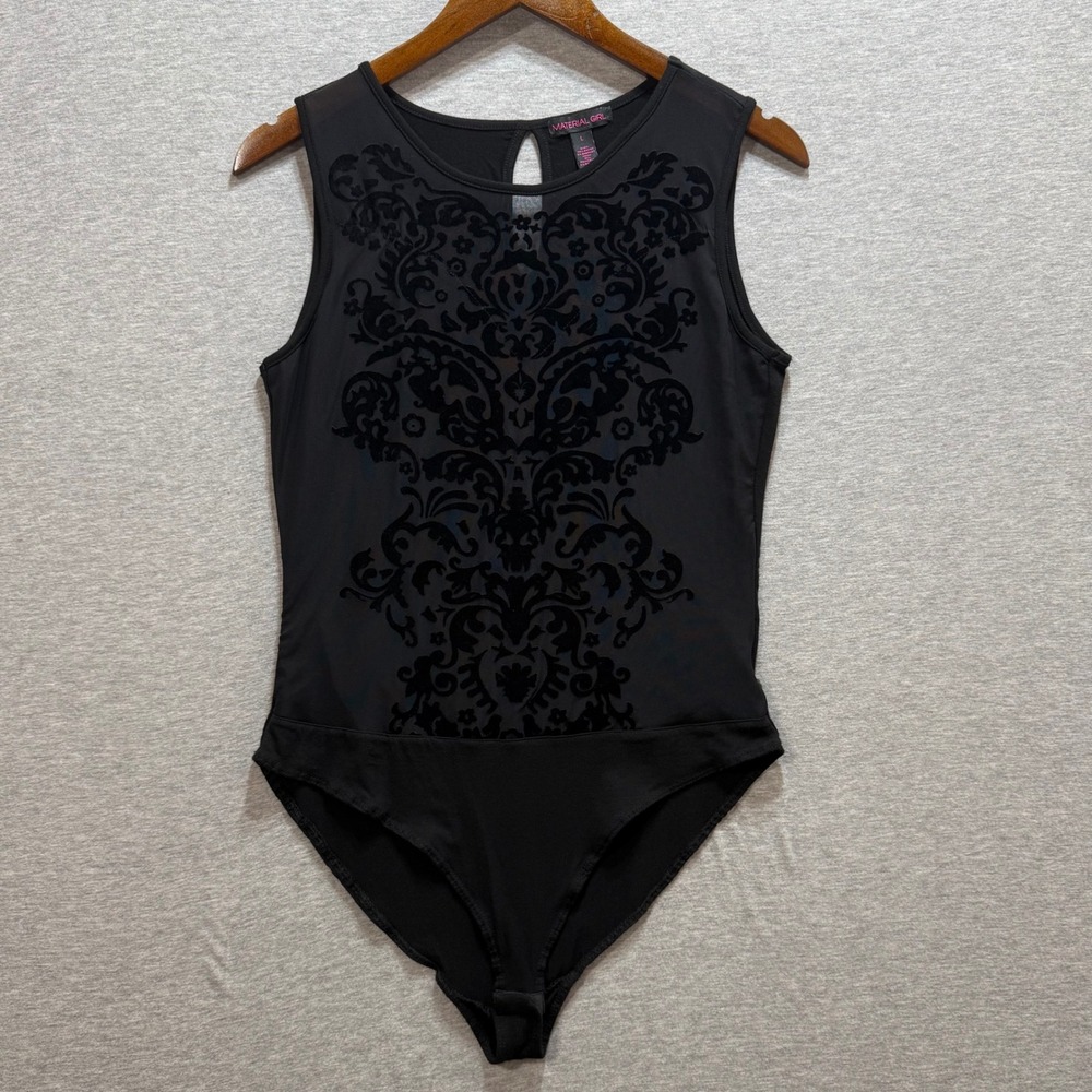 Material Girl Bodysuit Womens L Black Velvet Flocked Mesh Damask Sleeveless Goth